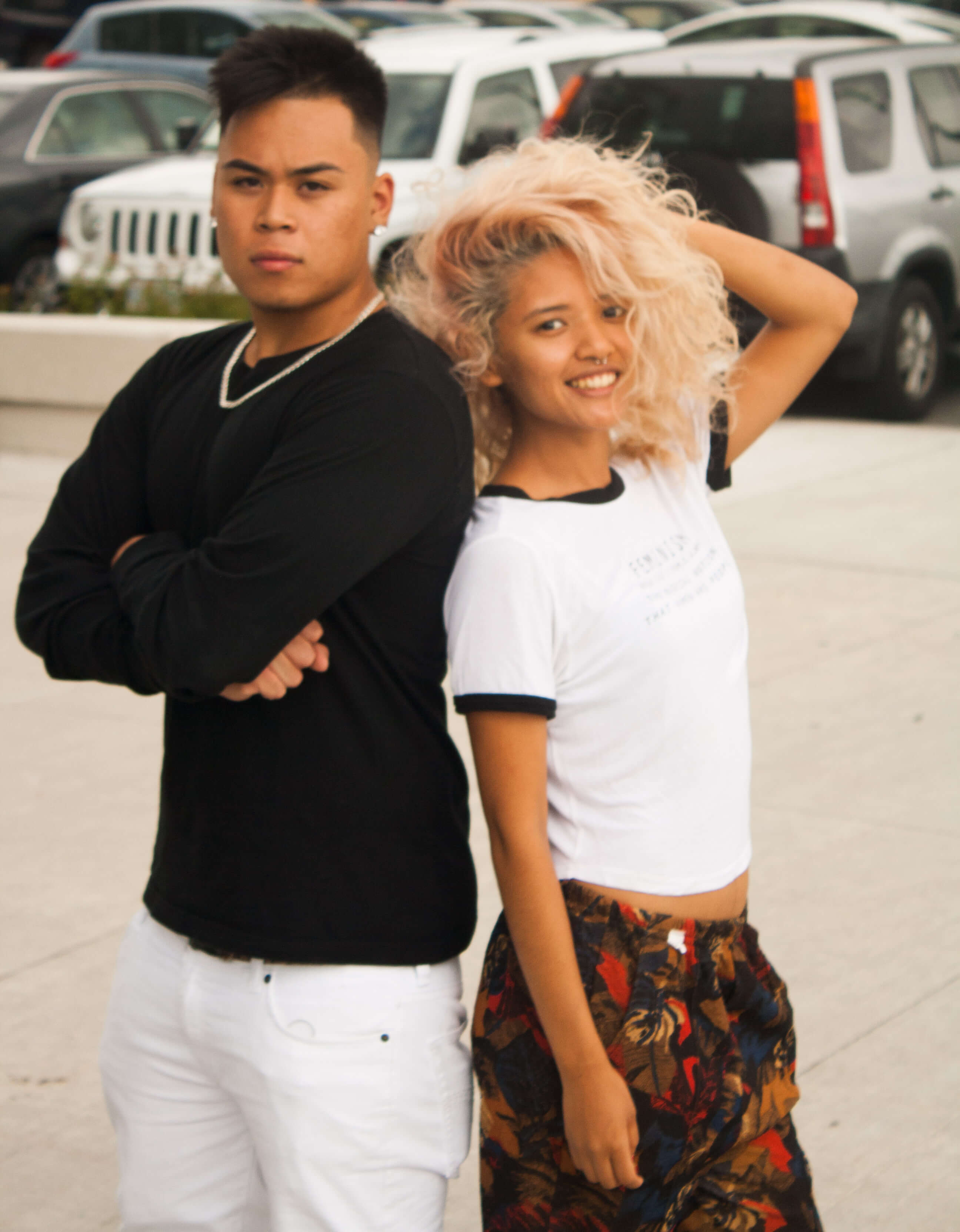 Avery in Black Sweater w/ White Jeans, Tenzin in White T-Shirt and 80s Palazzo Pants