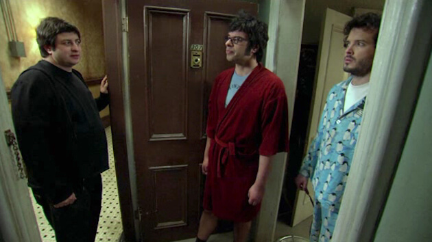 Flight of the Concords scene with three roommates