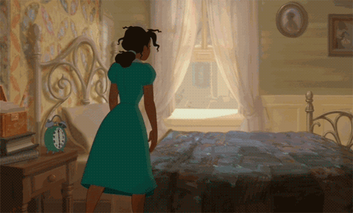 tired cartoon girl falling onto bed