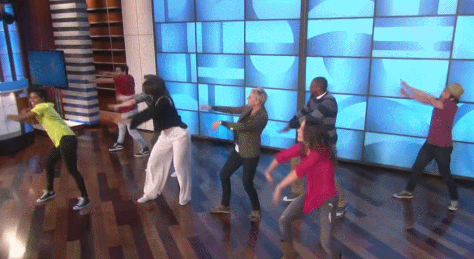 Ellen and Michelle Obama dancing on the Ellen Show with people