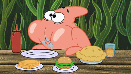 Spongebob Squarepants character, Patrick Star, chewing food.