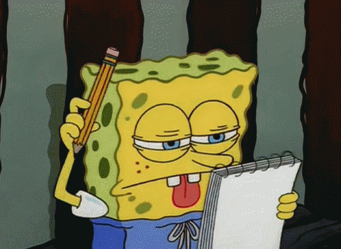 Cartoon character Spongebob clinks pencil on his head to remember