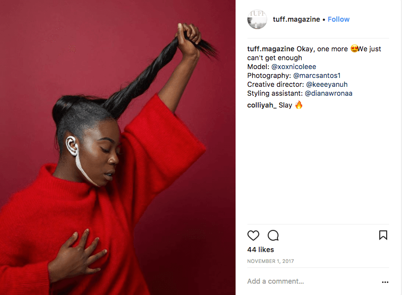 Instagram post screen capture of model pulling her hair up of TUFF Magazine's page