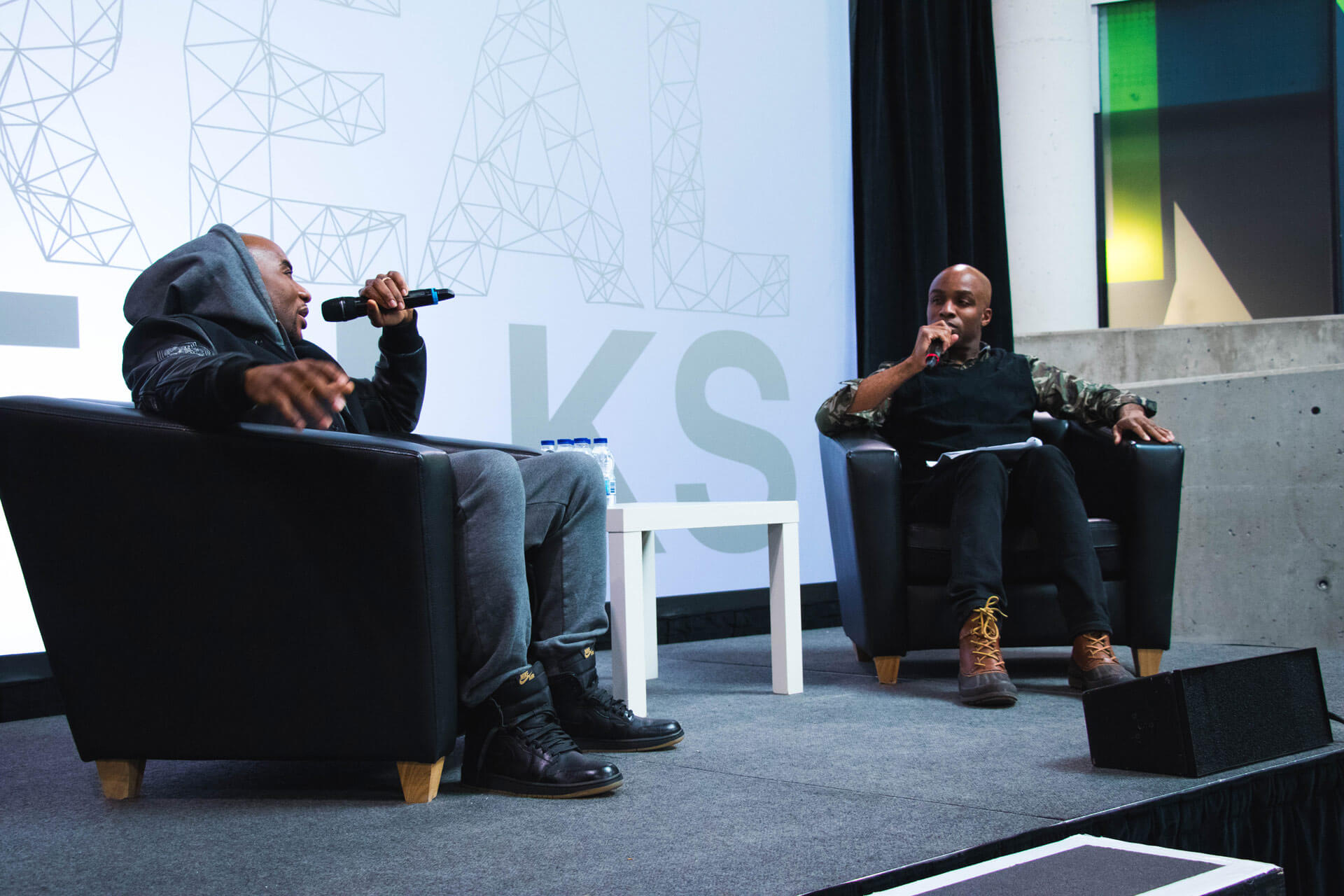 Pop culture critic, Dalton Higgins interviewing TV radio host, Charlamagne tha God at 2018 IGNITE Real Talks