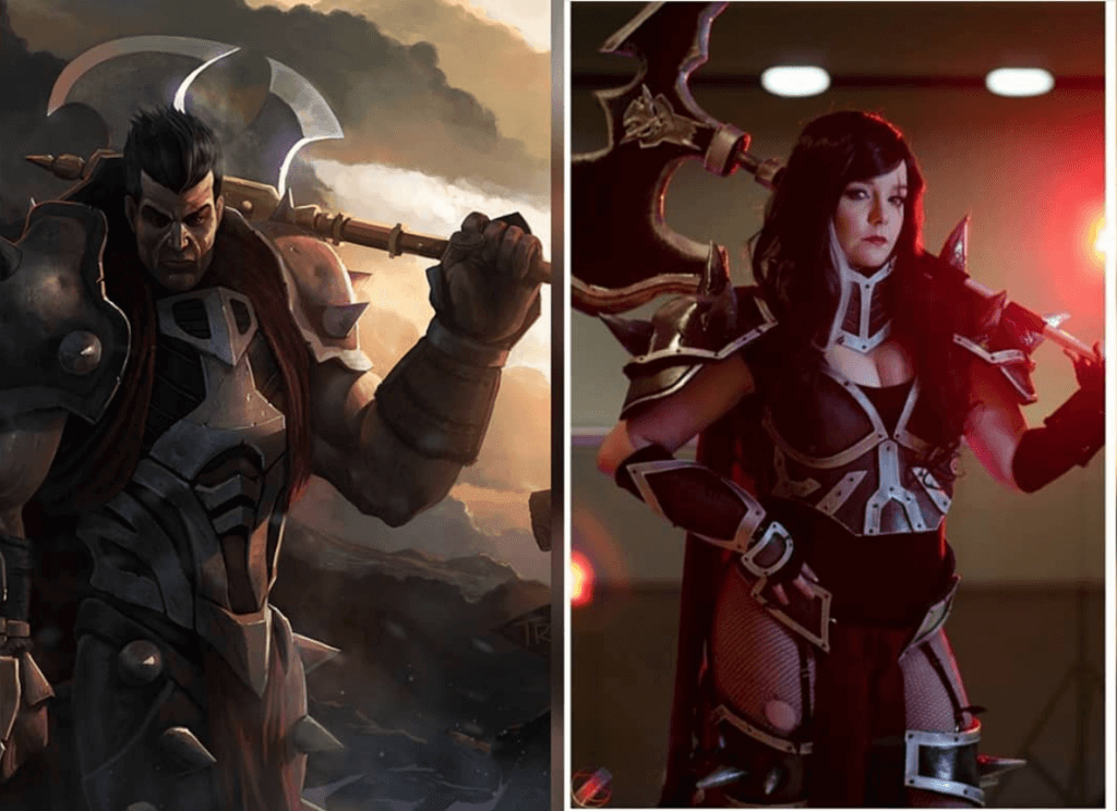 Humber Student Dayna in a dark red a and gold costume holding up an axe next to the male animated character version