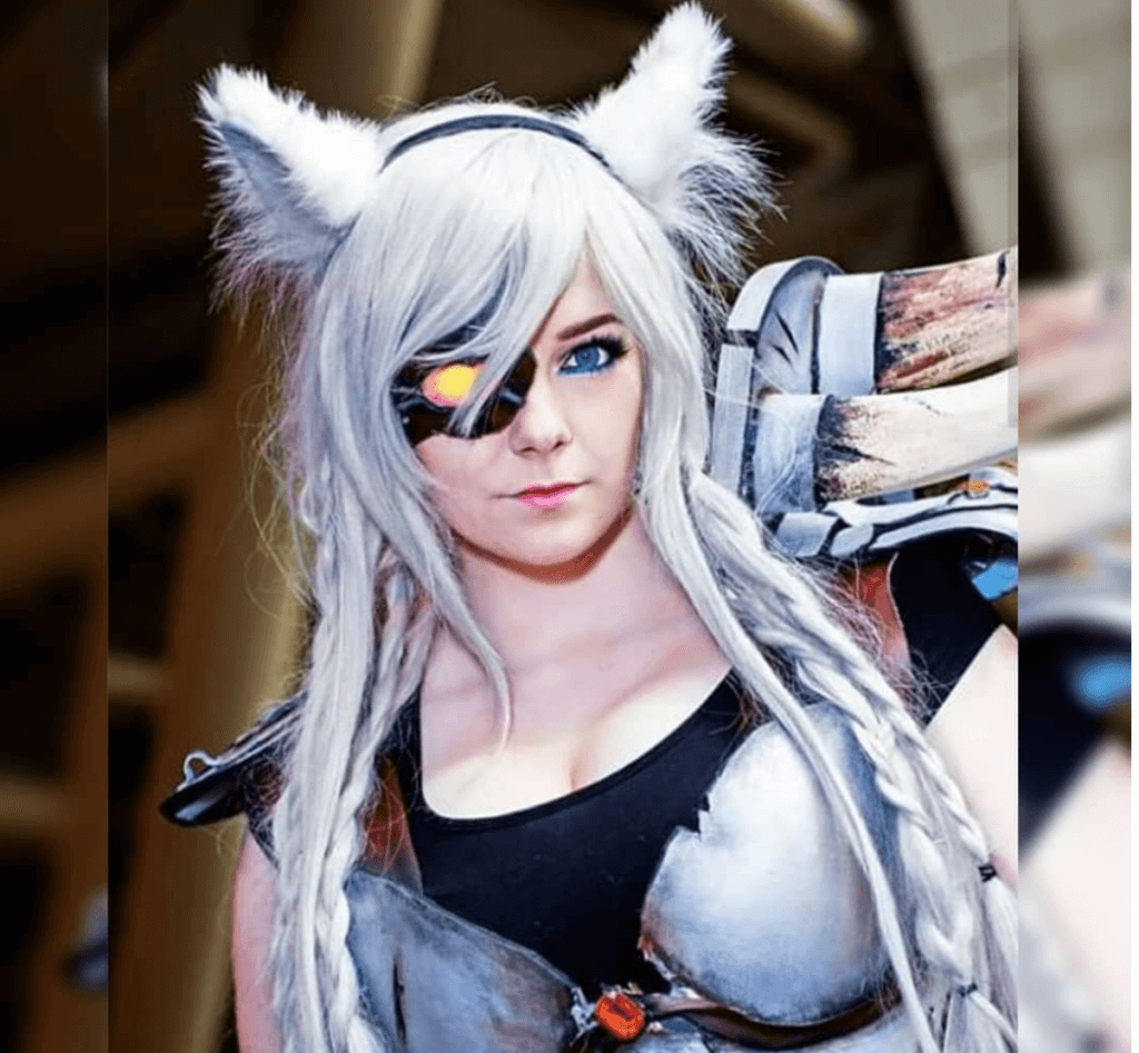 Humber Student Dayna in a cosplay costume wearing silver armour with furry white ears and a gold eyepatch