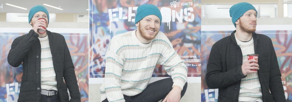 Images of Humber Lakeshore student John drinking coffee and crouching in front of the IGNITE elections poster