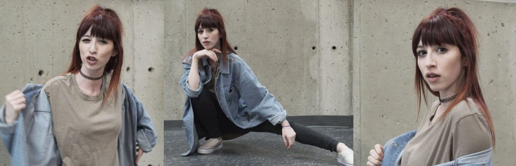 Photos of North Humber student Samantha taking her denim jacket off and crouching on the floor