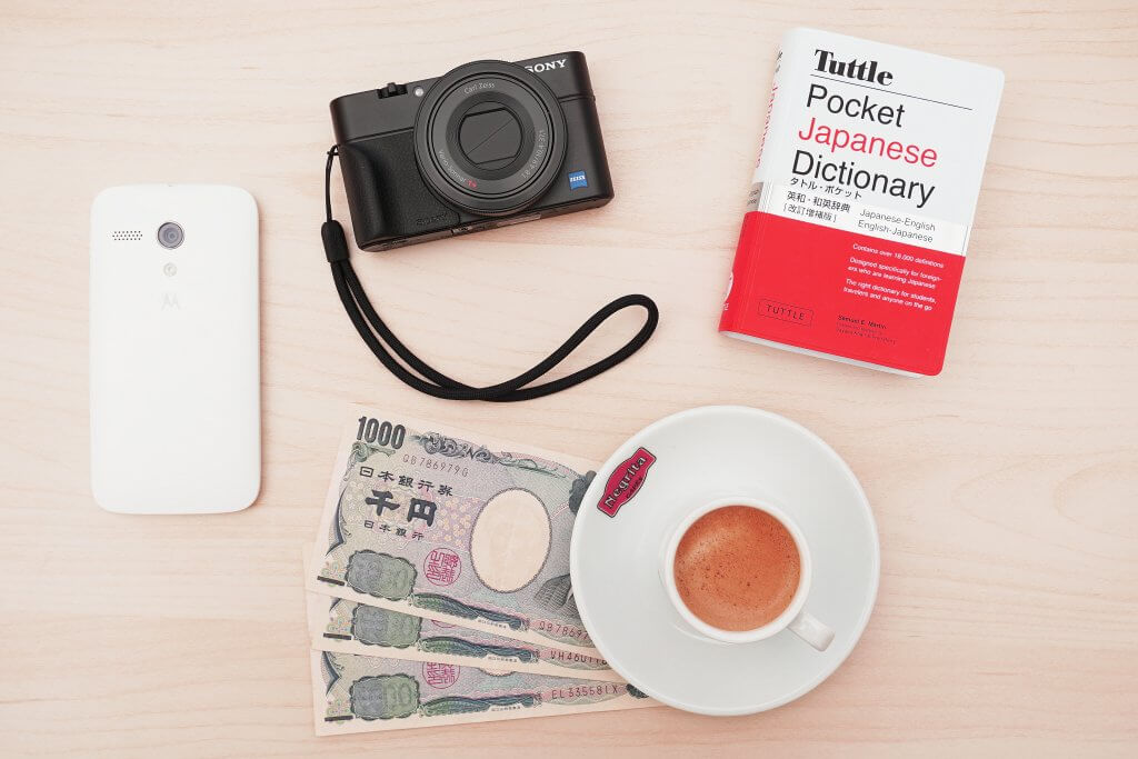 Japanese dictionary and camera on table