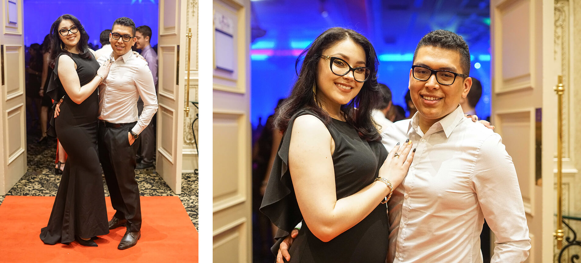 Young woman wearing a long dress and young man in a dress shirt and pants pose at Gala