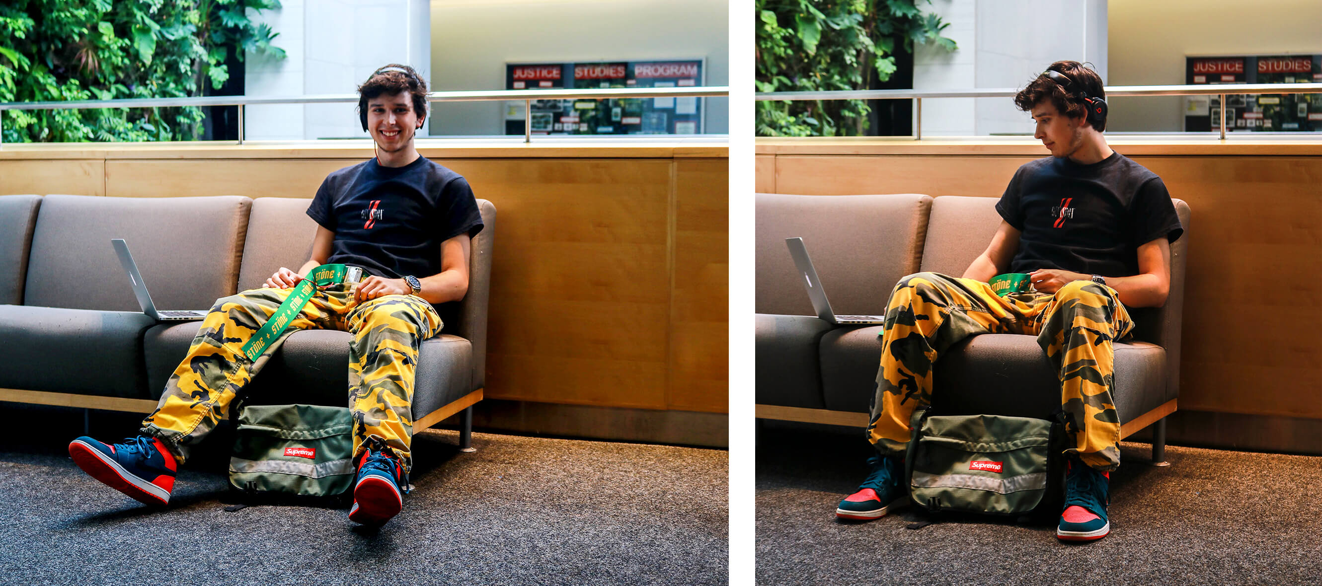 Guelph-Humber student sits near plant wall