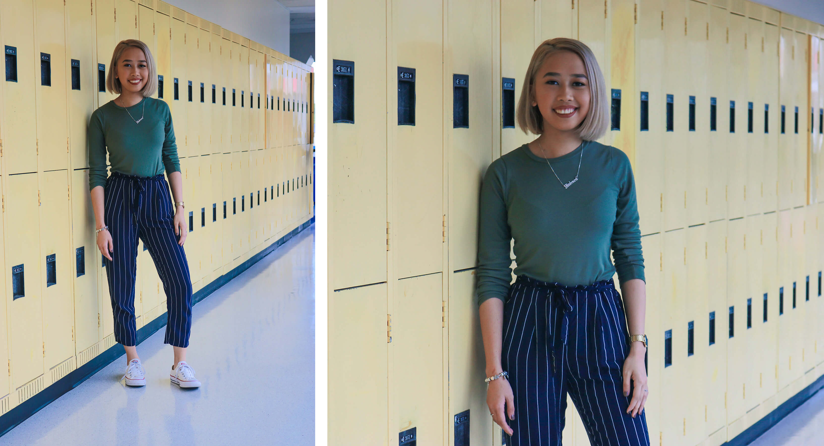 Student poses in front of lockers 