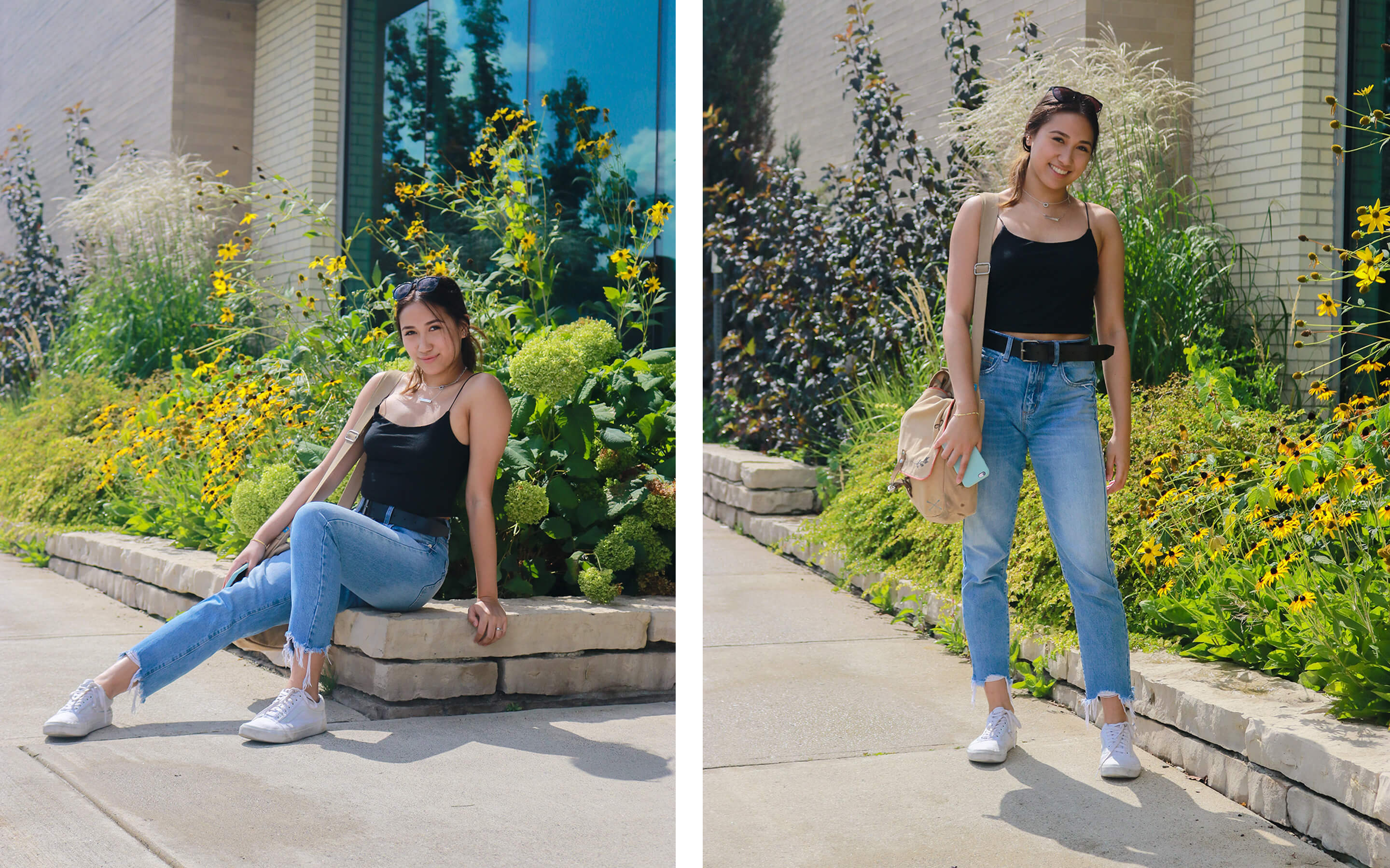 Guelph-Humber student poses in front of flowers