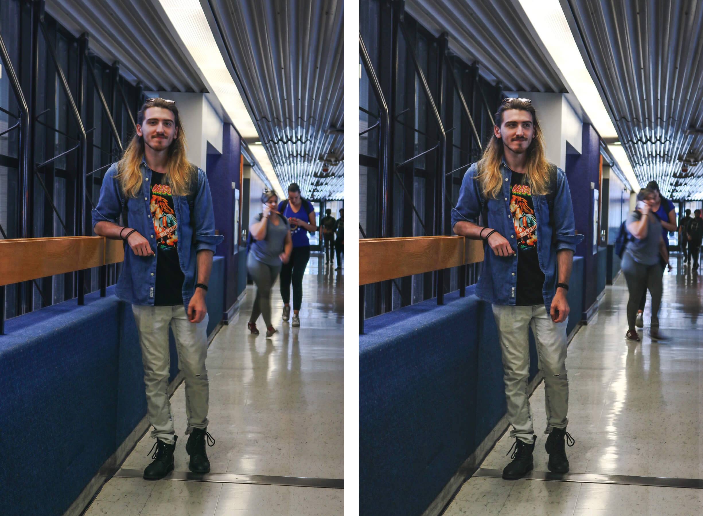 Student poses in hallway