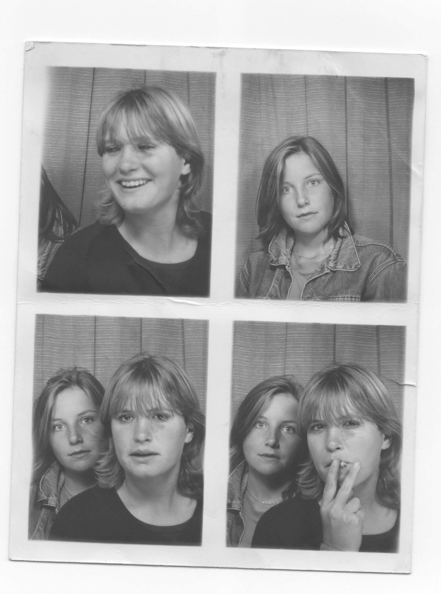 four photos of 2 women taken in a photobooth