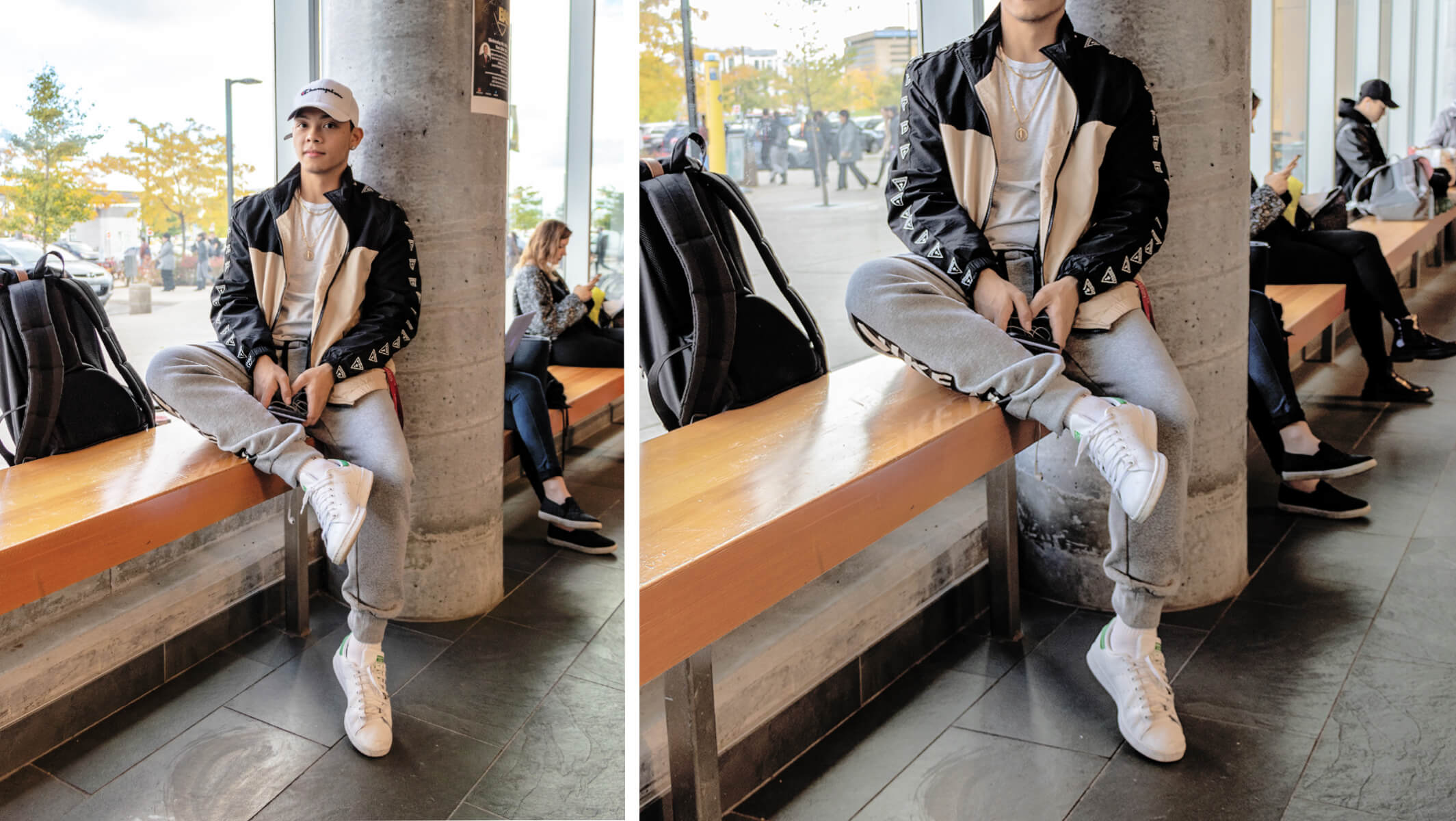 Student wearing a hat and sweatsuit poses in Humber LRC