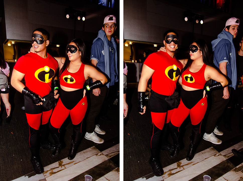 A couple dressed in Incredibles attire pose together