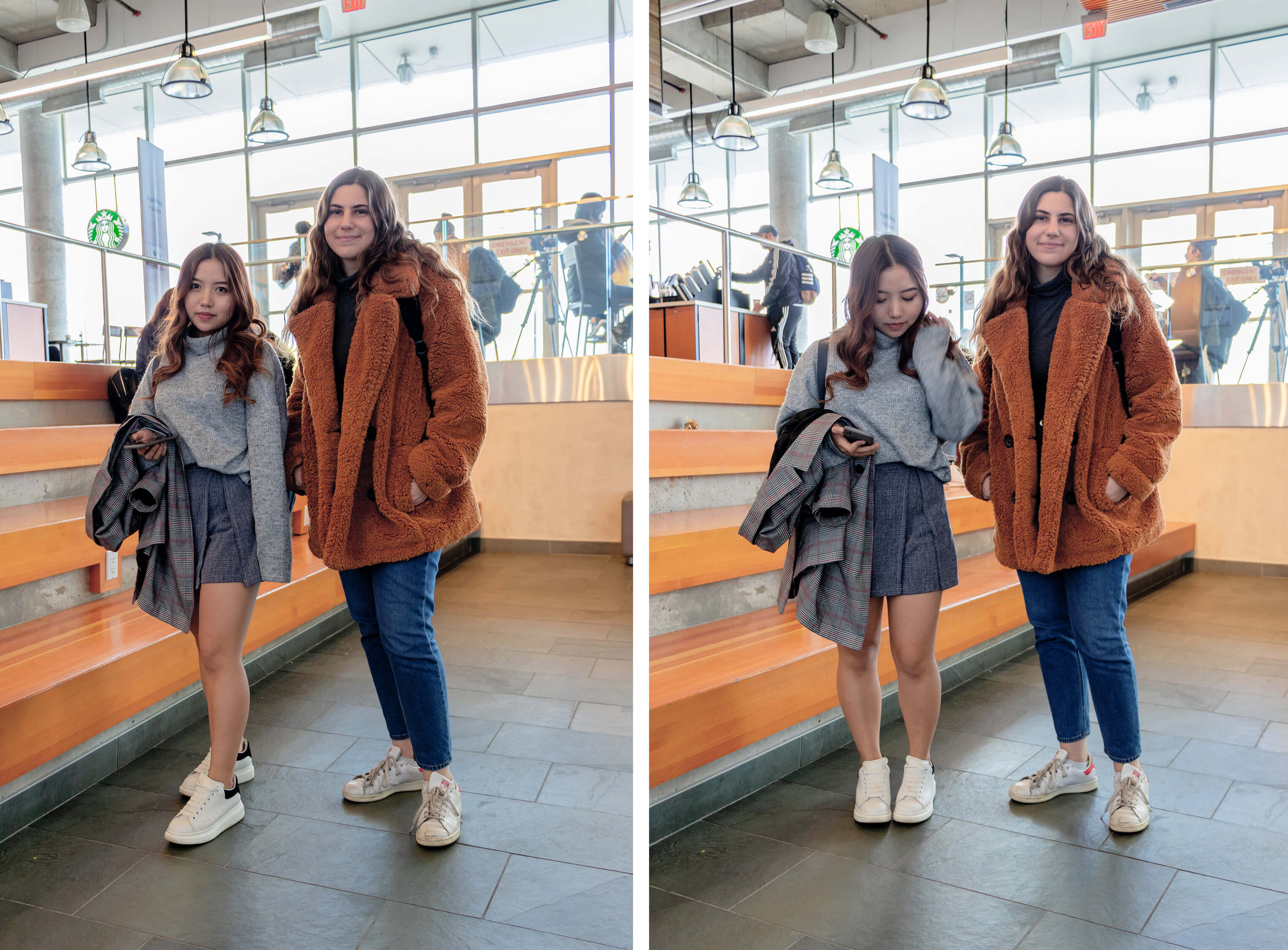 Two girls in fall colours pose near Humber Starbucks