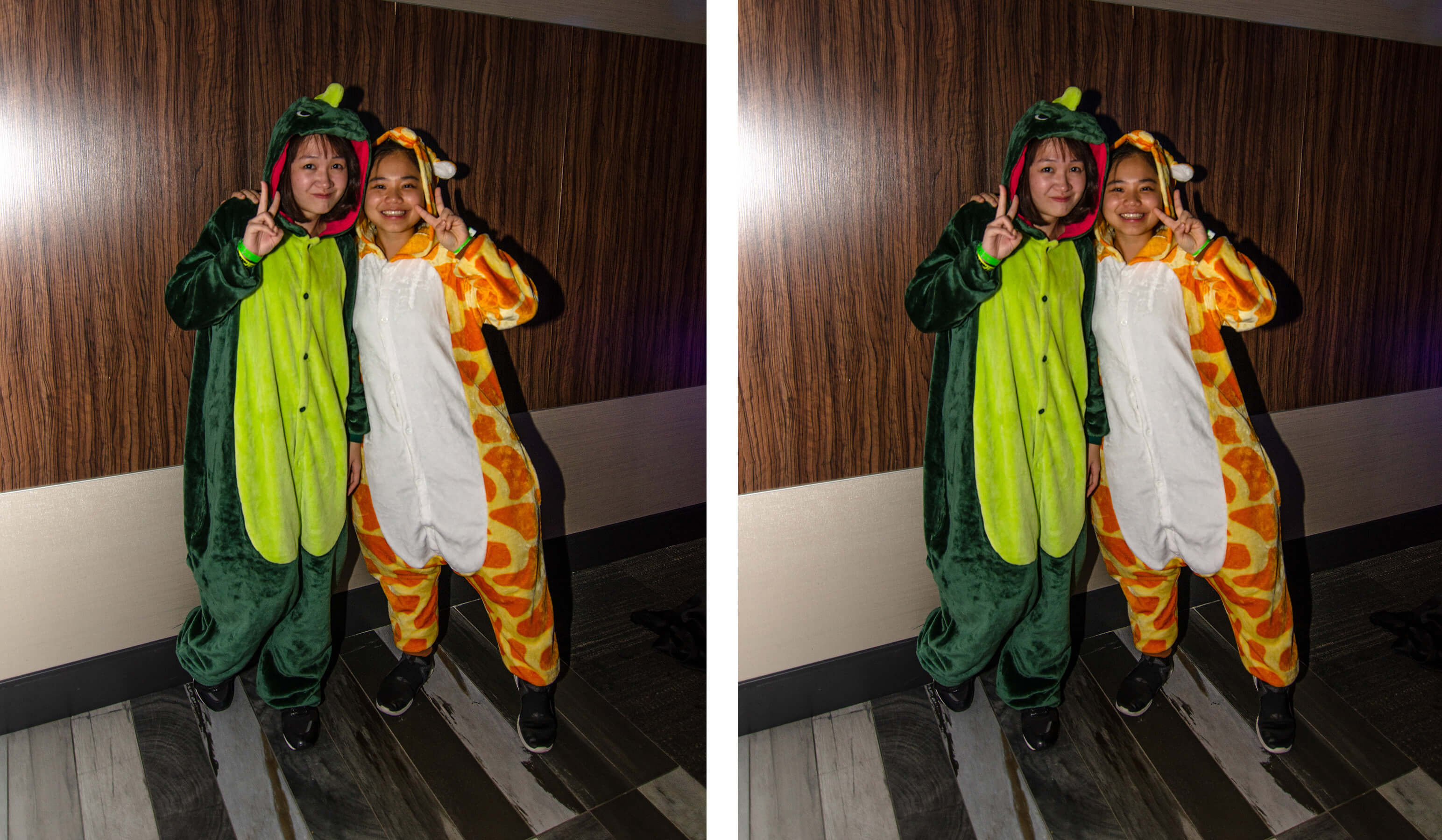 2 students dressed in animal onesies smile at the party