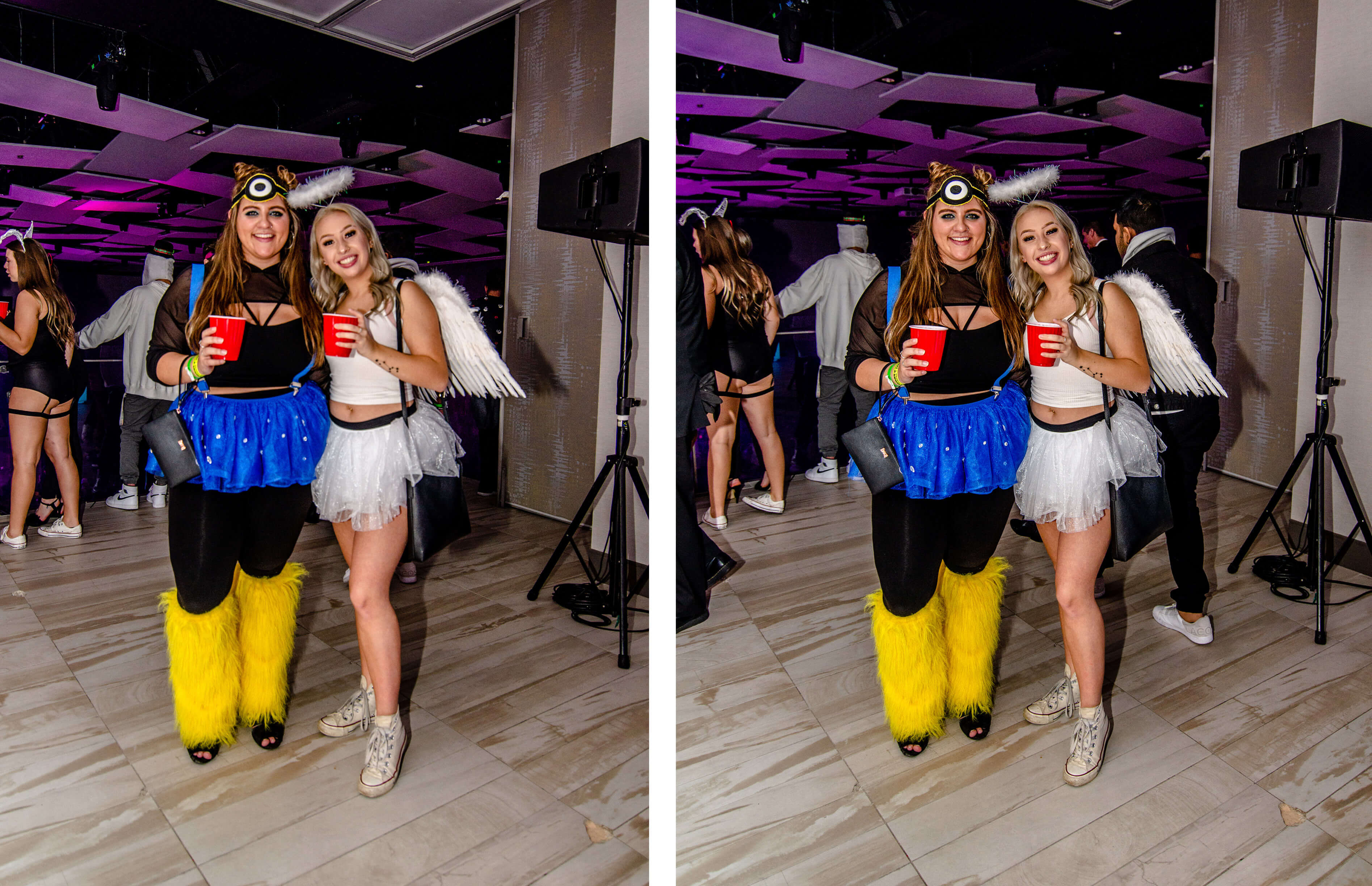 2 girls dressed as a minion and angel pose at IGNITE Halloween party
