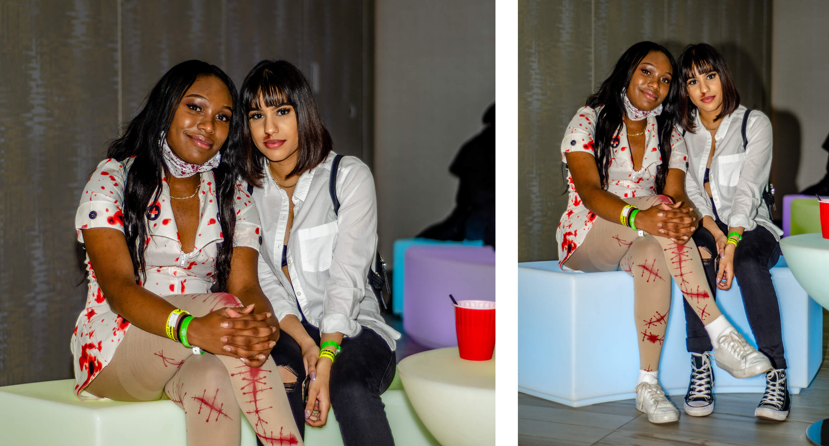 Two girls dressed as a zombie and Pulp Fiction characters pose at Halloween party