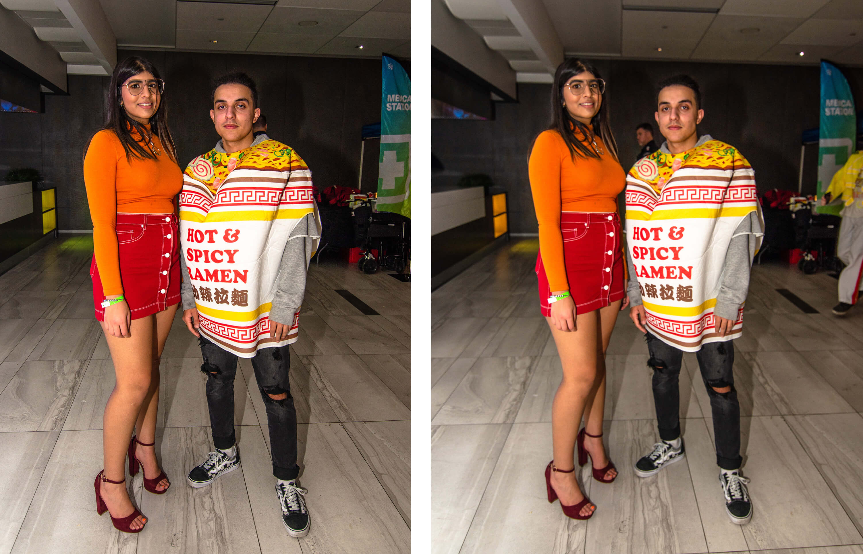 Student dressed as Ramen and Dora pose at IGNITE Halloween party