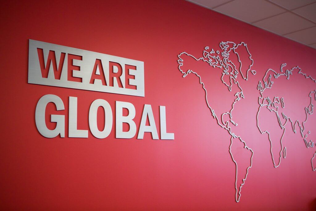 Wall with outline of a map inside the Humber International Centre.