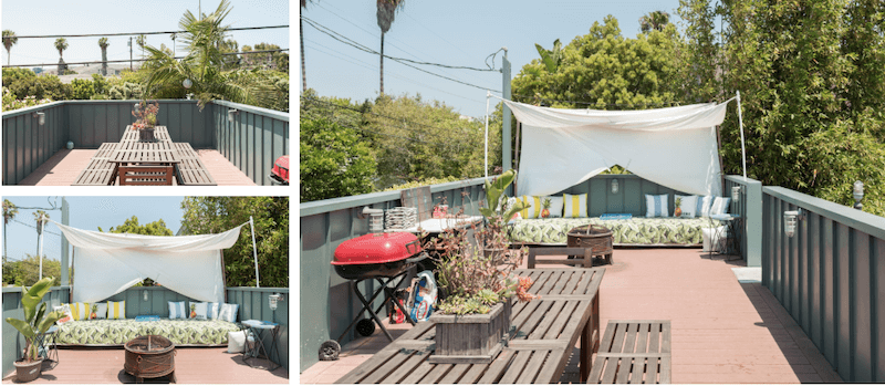 3 images of sun roof showcasing bed, table and barbecue