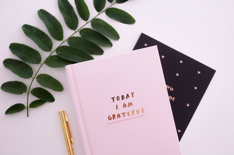 Pink notebook reading "today I am grateful" with leaves on side
