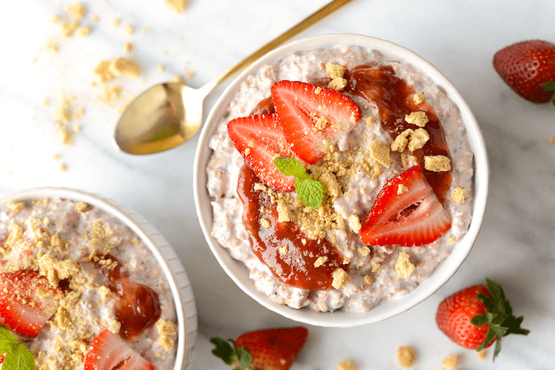 2 bowls of strawberry cheesecake overnight oats