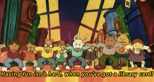 Children's cartoon characters singing about library cards.
