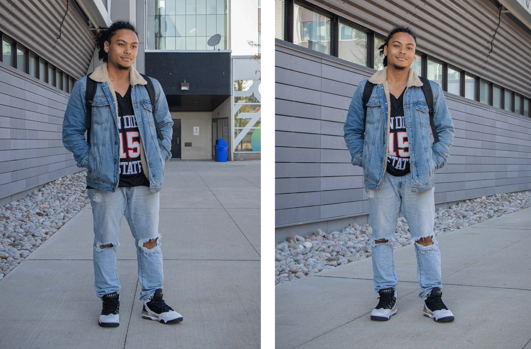 student poses in full denim outfit outside