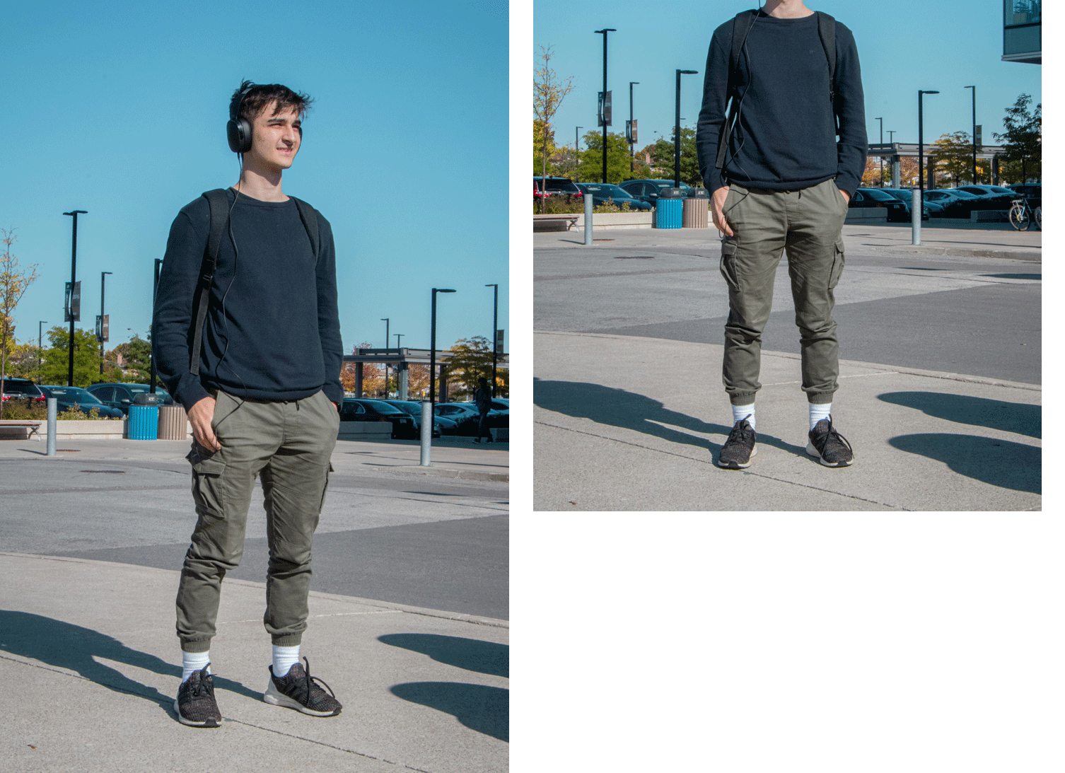 guy in sweater and pants looks stands outside