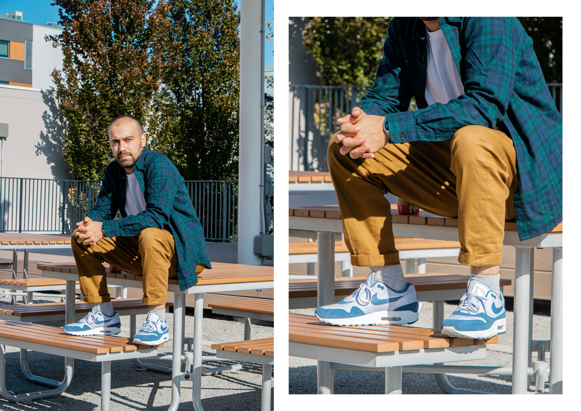 student in bright clothing sits on picnic table outside