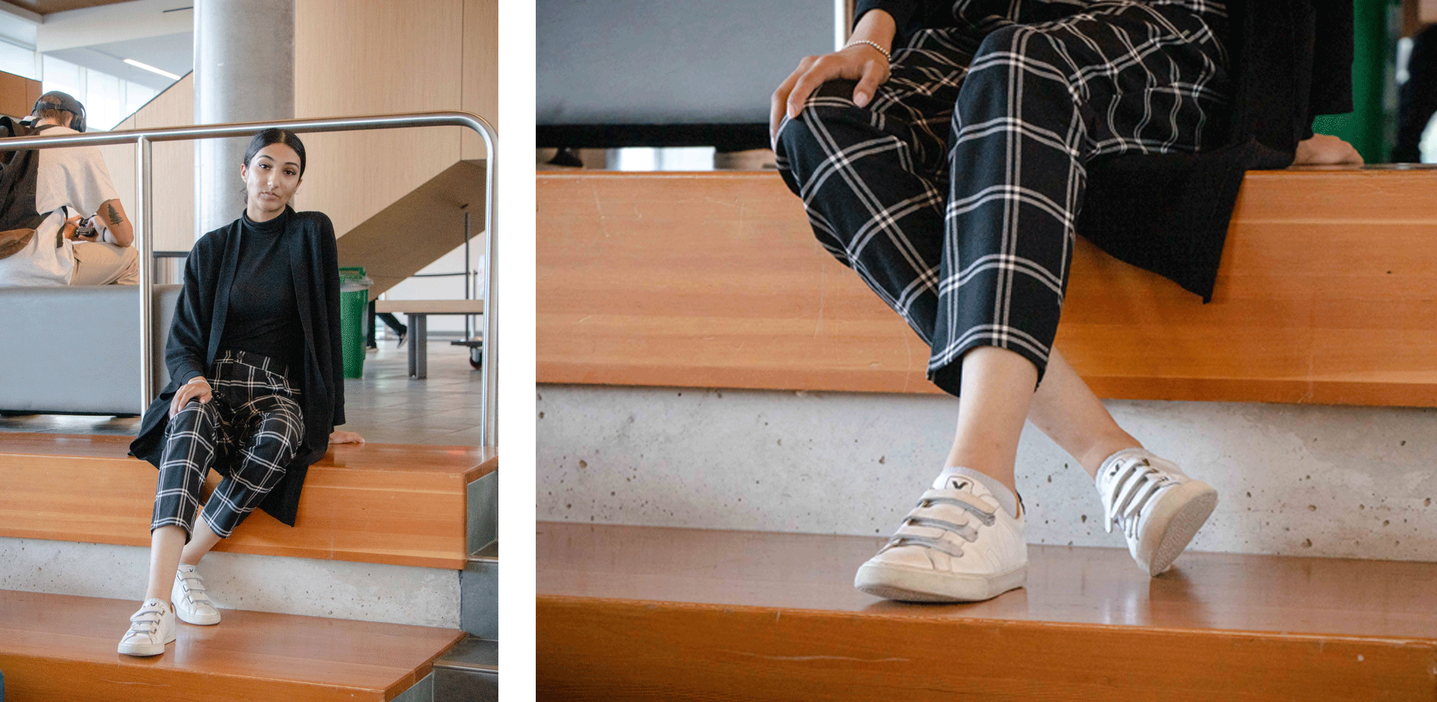 female student in Humber LRC sits on stairs