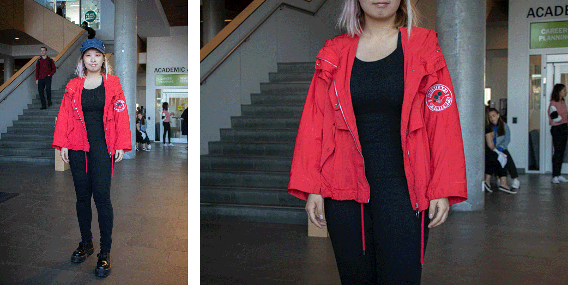 student dressed in bright clothing stands and smiles in Humber LRC