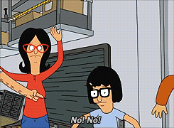 Bob from Bob's Burgers pointing at his daughter Tina and saying "no"