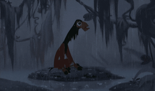 Kuzco from The Emperor's New Groove sits on a rock and cries.