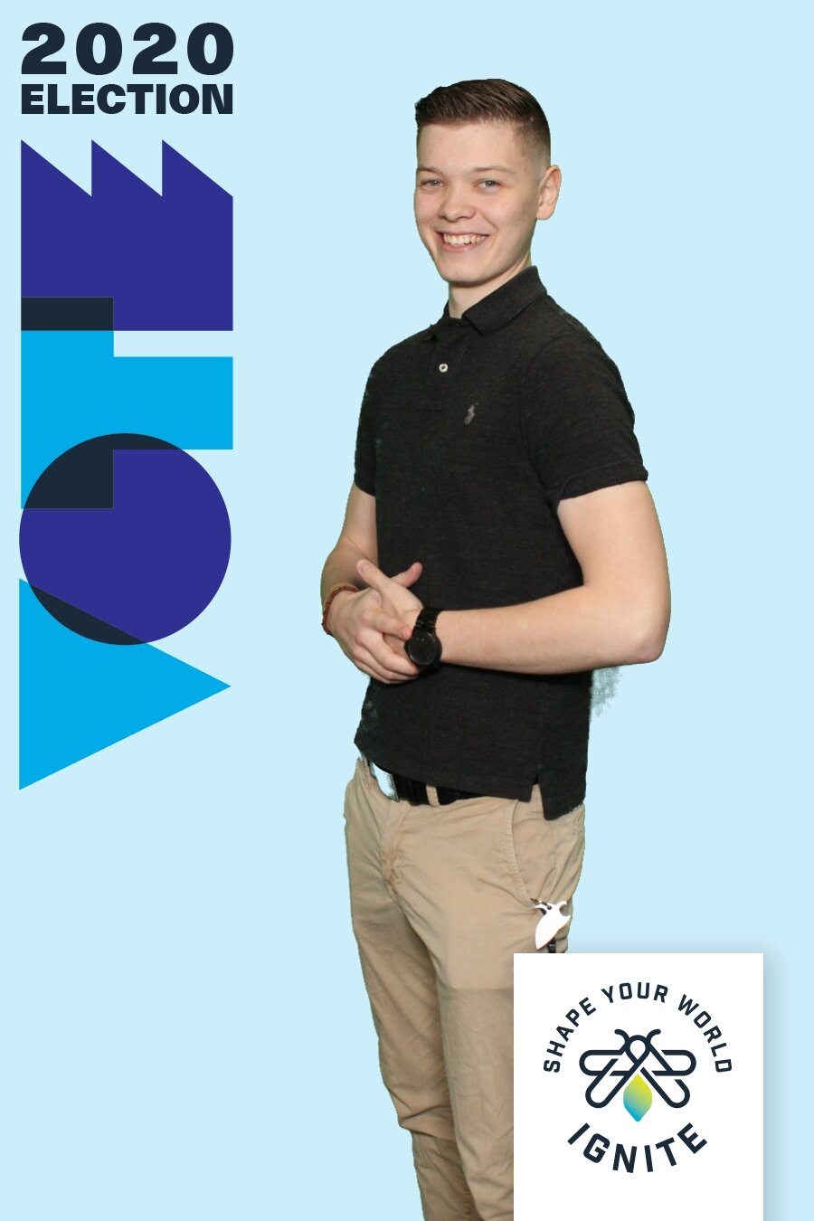 Anthony Grguric, IGNITE 2020-2021 Board of Directors member at Humber College North campus wears a black polo T-shirt and light beige khaki pants. His arms are folded over his stomach and he smiles at the camera.