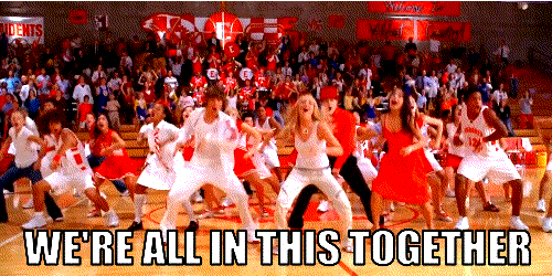 The cast of High School Musical sings, "We're All in This Together."