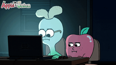 Apple and Onion from "Apple & Onion" work on a computer as the sky switches from day to night.