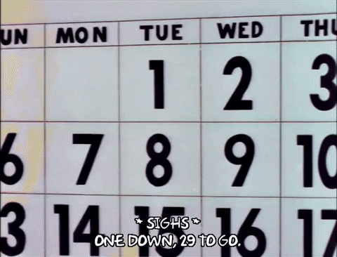 The simpsons, calendar and Homer daying "one down, 29 to go."