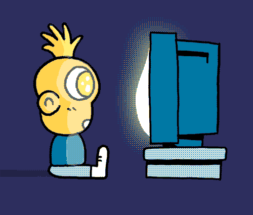 A yellow cartoon humanoid wearing a blue shirt, blue pants and white sneakers sits in front of a television with wide, glowing eyes.