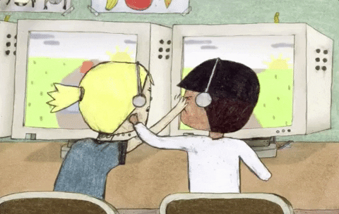 Two cartoon children playing video games next to each other on desktop computers swat at each other angrily.