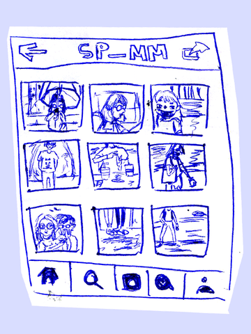 A series of white-and-blue sketches of the Instagram layout.