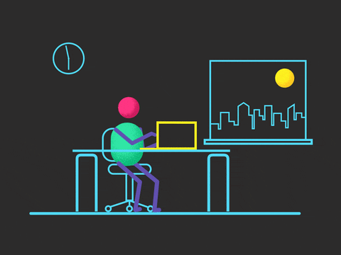 A cartoon stick figure sits at a desk. Next to them, a clock strikes 6:00. At the strike of the clock, the stick figure closes the laptop on which they are working and jumps out the window.