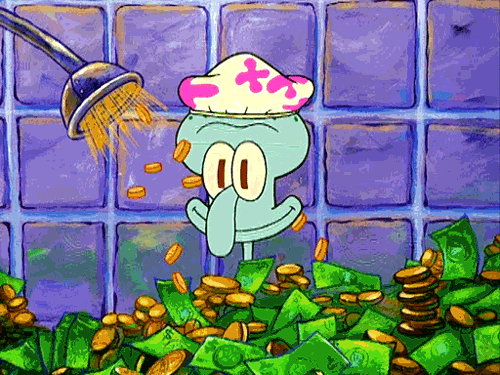 Squidward Tentacles from Nickelodeon's "Spongebob Squarepants" (1999-) stands in a shower wearing a shower cap and smiling. Money is coming out of the shower faucet.