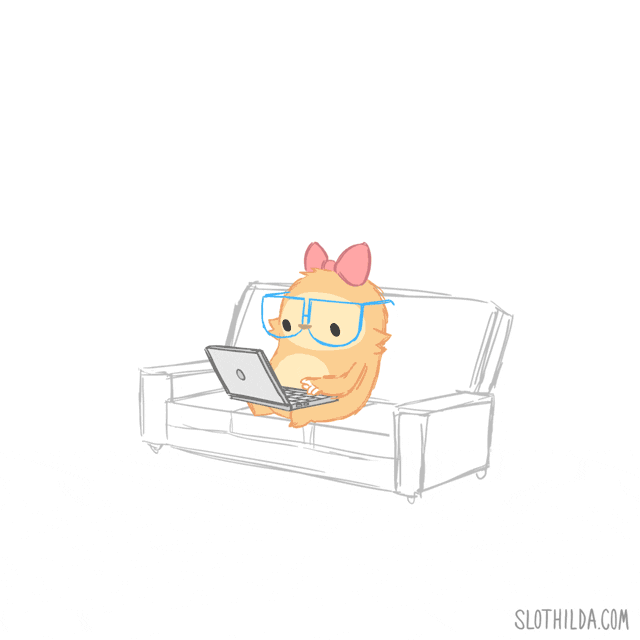 A sloth types on a computer and sleeps in bed.