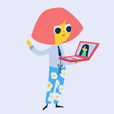 A cartoon woman waves at her computer screen.