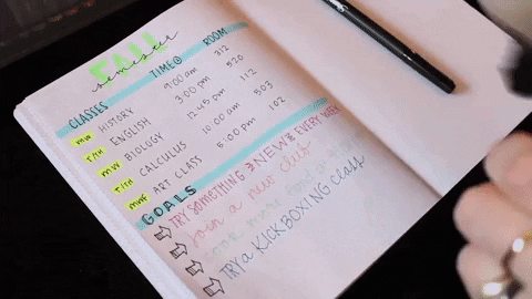 A person writes "Conquer this year," in a day planner with a hot pink marker.